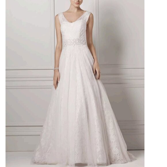 Oleg Cassini Tank Wedding Dress with Lace Accents STYLE# CWG530 - Picture 1 of 12
